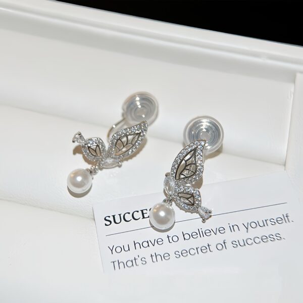 Silver Butterfly Elegance Pearl Drop Ear Clips - Image 2