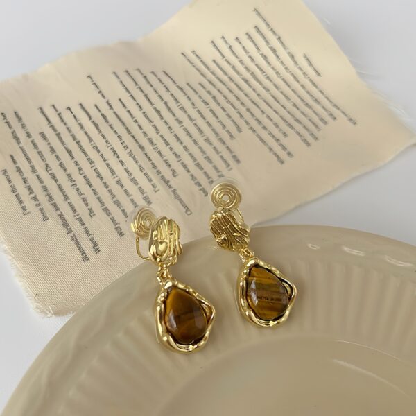 Golden Swirl Tiger’s Eye Drop Ear Clips