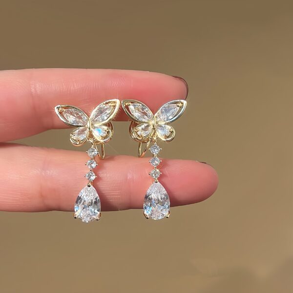 Golden Butterfly Crystal Drop Ear Clips