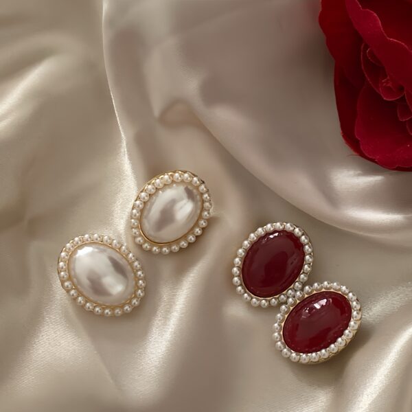 Elegant Oval Pearl and Ruby Ear Clip Set