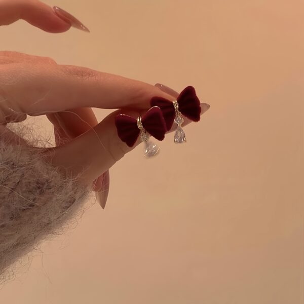 Velvet Ruby Bow Crystal Drop Ear Clips